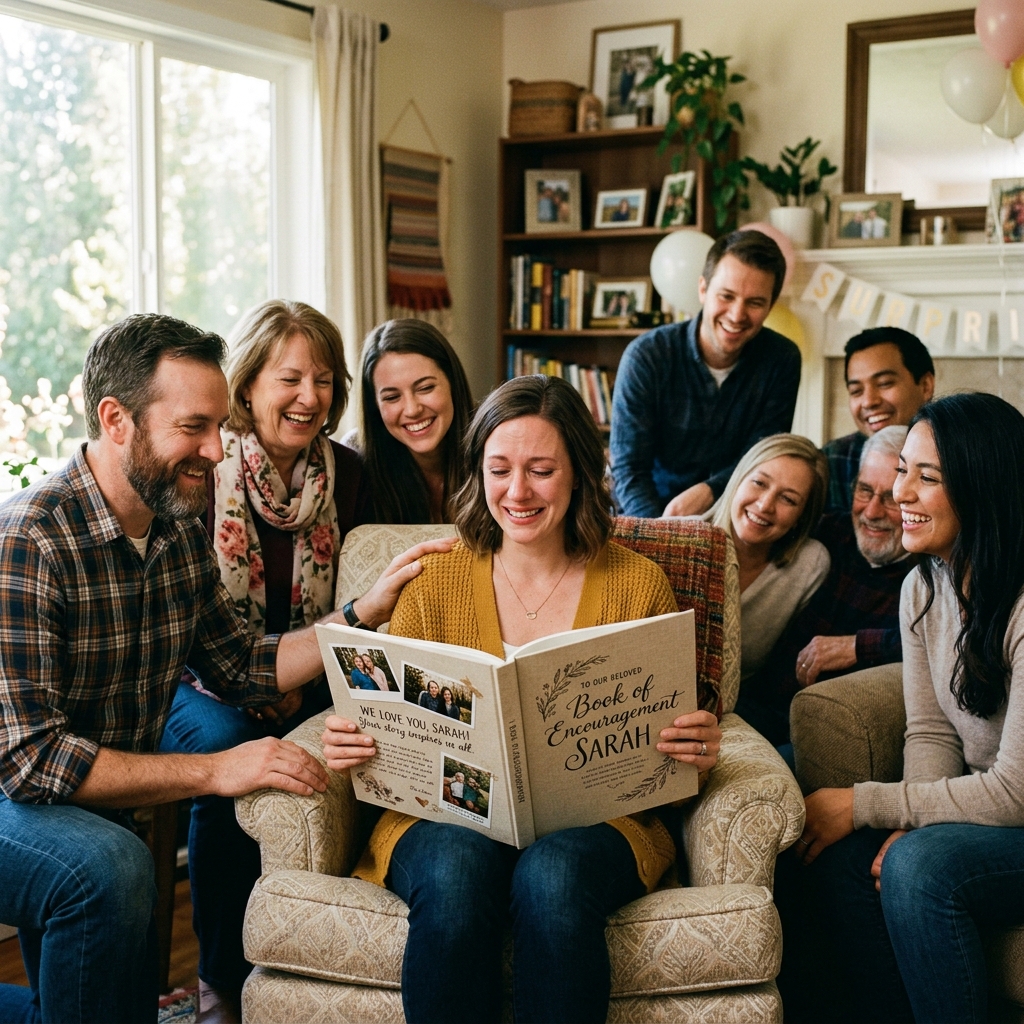 Surprised person with family looking at a beautiful book